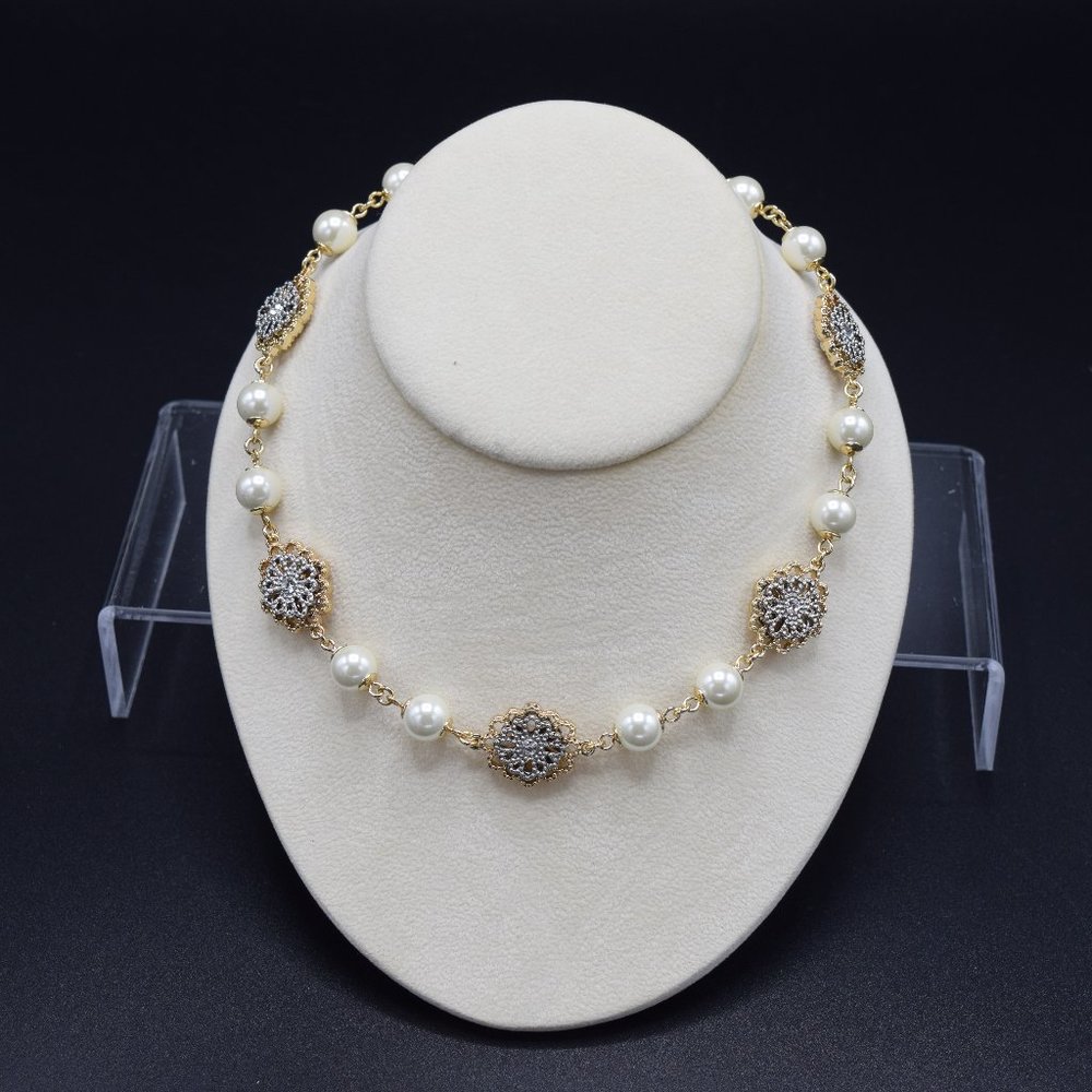 Charter Club Crystal Filigree Pearl Collar Necklac